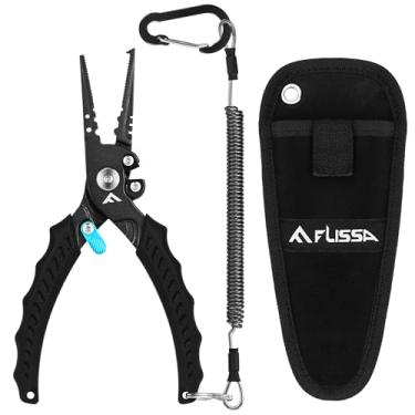 Imagem de FLISSA Alicate de pesca de 18 cm, design de trava de segurança, alicates de água salgada com cabo TPR, removedor de gancho de aço inoxidável com cortadores de trança, bainha e cordão, presentes de