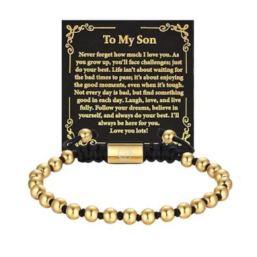 Imagem de WP WEPICK Presentes para homens, pulseiras banhadas a ouro 18 quilates para homens, pai, filho, marido, namorado, corrente de elos francos, pulseira de contas ajustáveis de aço inoxidável, aniversário