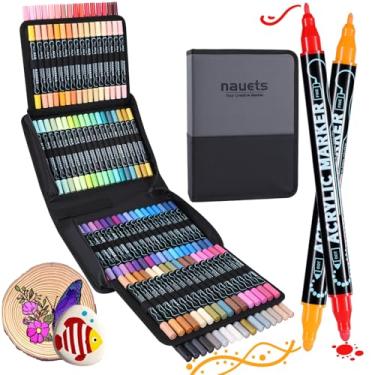 Imagem de nauets Canetas de tinta acrílica de ponta dupla à prova d'água, 100 cores, conjunto de marcadores de desenho para colorir de ponta fina para madeira, rocha, tela, vidro, superfícies de cerâmica e