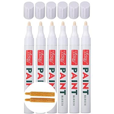 Imagem de Canetas de tinta branca para pintura de rocha, pedra, cerâmica, metal, vidro, madeira, tecido, lona, pacote com 6 marcadores permanentes à base de óleo, ponta média, 2 pontas de cinzel extras, tinta de alto volume, 2 vezes vida útil