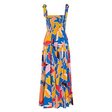Imagem de kinstell Vestido longo feminino de verão, boho, alças finas, gola quadrada, com babados, casual, rodado, para festa na praia, Azul, GG