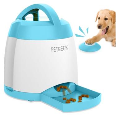 Imagem de PETGEEK Dispensador automático de petiscos para cães, brinquedo de atividade de treinamento com memória de quebra-cabeça - Alimentador de botão de treinamento de QI para cães, dispensador remoto de