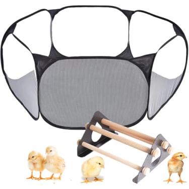 Imagem de Cercadinho e poleiro para pintinhos com barras de cobertura para galinheiro e chocadeira, caixa de chocadeira para cerca de pintinho, gaiola portátil para animais pequenos, barraca preta