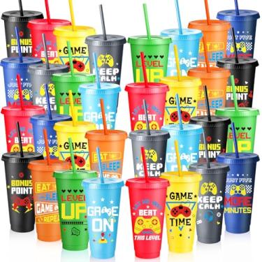 Imagem de Potchen 32 peças de copos de plástico para jogos de videogame com tampas e canudos, copo reutilizável para jogos divertidos, lembrancinhas de festa de aniversário (coloridas)