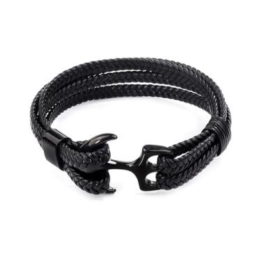 Imagem de Lantine Pulseira de couro bovino trançada âncora para homens e mulheres pulseira multicamadas pulseira pingente pulseira náutica surf joias para pai, irmão, marido, ele, 21 cm, 21, Sem Pedra Preciosa