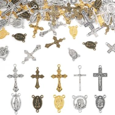 Imagem de Beadthoven 70 peças de pingentes de cruz do terço tibetano e medalha milagrosa central de Maria milagrosa liga mista crucifixo de Jesus pingentes ovais lustres elos conectores para colar joias