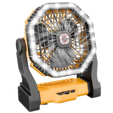 Imagem de Roykaw Ventilador portátil para viagens, ventilador de acampamento recarregável de 10400 mAh, ventilador alimentado por bateria sem fio com luz LED, com alça, gancho para pendurar, amarelo