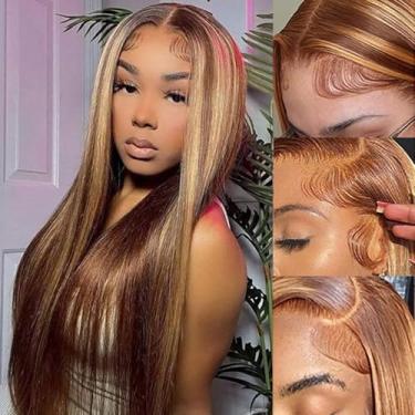 Imagem de Ladoux X Highlight Ombré Liso Cabelo Humano 13X6 Hd Transparente Full Lace Front Perucas 26 Polegadas 180% Densidade Pré-Selecionada Com Baby P4/27 Cor Peruca Loira Mel Sem Cola