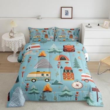 Imagem de jejeloiu Conjunto de edredom Happy Camping para crianças, meninos, meninas, solteiro, viagem ao ar livre, bolsa de viagem, ultramacia, estampa de tenda, edredom com temática de trailers, para