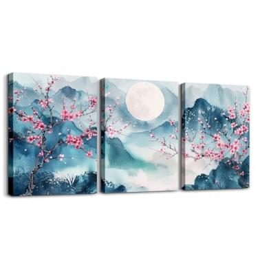 Imagem de jejeloiu Arte de parede em tela estilo japonês para sala de estar quarto 30,5 x 40,6 cm x 3 peças de flores de cerejeira decoração de parede para decoração de casa adolescentes Ukiyoe Fuji Mountain
