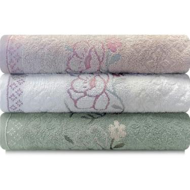 Imagem de Jogo de Toalhas de Banho Karsten 100% Algodão 3 Peças Yuna (ROSA COM BRANCO E VERDE)