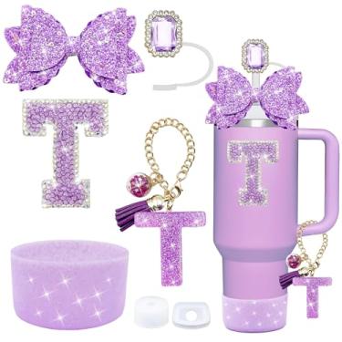 Imagem de Conjunto de acessórios de copo Stanley roxo de 7 peças, decorações de iniciais para Stanley Cup 850.5 g 1,134 g, inclui cobertura de canudo de joia, tampa à prova de derramamento, pingente de alça