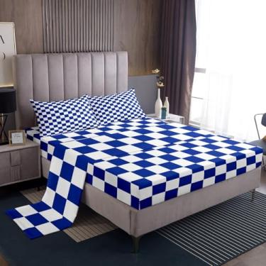 Imagem de Manfei Jogo de cama solteiro quadriculado azul royal, geométrico, xadrez, quadrado, decoração de quarto de crianças, meninos, meninas, 3 peças, lençol com elástico profundo, plano e 1 fronha