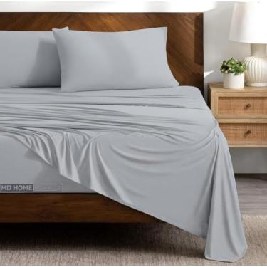 Imagem de Jogo de cama 4 peças - 100% algodão egípcio - 400 fios - bolso profundo de 56 cm do lençol com elástico - cinza claro, sólido, tamanho Queen.