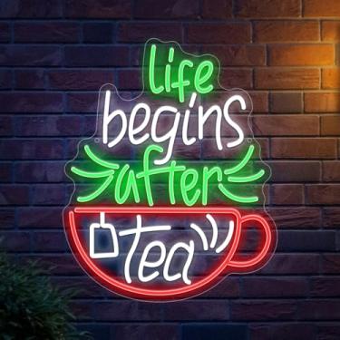 Imagem de Placa de néon Life Begins After Tea para decoração de parede de negócios, bule de chá, luz LED, alimentada por USB, loja de bebidas, loja de chá, cafewall, decoração, arte, estética, restaurante