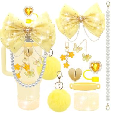 Imagem de LBU Acessórios de copo Bling Stanley para copo de 40/30/590 ml com alça, incluindo topo de palha com laço de glitter, capa de canudo de coração, alça de alça de garrafa de água pérola, bota, pompom