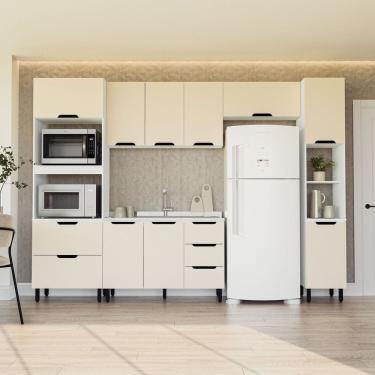 Imagem de Cozinha 5 Peças Balcão 3 Gavetas 2 Portas Aéreo Paneleiro Torre Quente Sem Tampo Meena Branco/creme