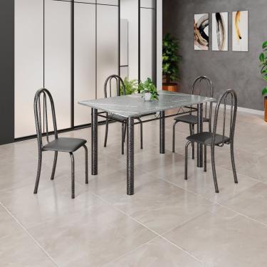 Imagem de Conjunto De Mesa Tubular 120x75cm Tampo Em Granito Topázio Com 4 Cadeiras Iris Preto Liso/martelado Prata