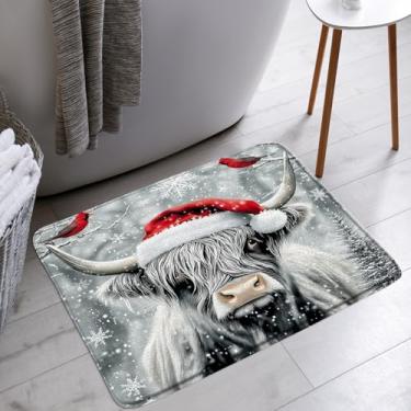Imagem de AMFD Tapete de banho de vaca Highland Natal Feliz Natal casa de fazenda engraçado vaca inverno neve floco de neve pássaro vermelho pinheiro floresta banheiro banheira, tapetes de chão, capacho