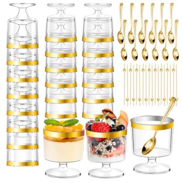 Imagem de DI QIU REN 120 peças de copos de sobremesa de 142 g com colher dourada, copo de plástico para parfait de sobremesa, copo de pudim de aperitivo transparente, copos redondos de taça de dose (com borda