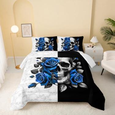 Imagem de QOOMO Jogo de cama casal com estampa de esqueleto gótico floral, rosa, azul e açúcar, caveira, para meninos e meninas, supermacia, com 1 edredom e 2 fronhas, microfibra leve para todas as estações