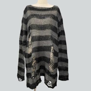 Imagem de Punk Gótico Tops De Malha Manga Comprida Halloween Oco Fora Buraco Quebrado Jumper Solto Suéter Fino Streetwear Mulheres Roupas Listradas, 20561-black Grey, One Size