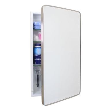 Imagem de Gabinete de remédios para banheiro embutido retangular arredondado Austin Farmhouse 40 x 66 cm, espelho chanfrado, abertura de parede de 35,5 x 61 cm, aço revestido com pó, prateleiras de vidro, fecho