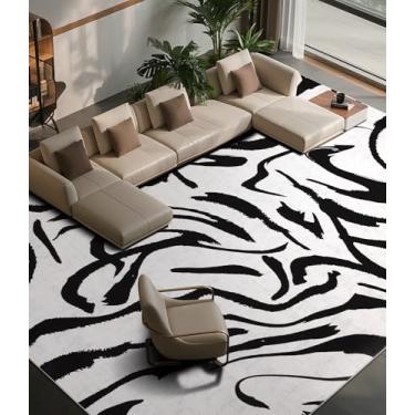 Imagem de YIHOUSE Tapetes modernos para sala de estar, tapete preto e branco lavável, 20 x 25 cm, tapete listrado geométrico abstrato fino, tapete de área para quarto, cozinha, sala de jantar, escritório