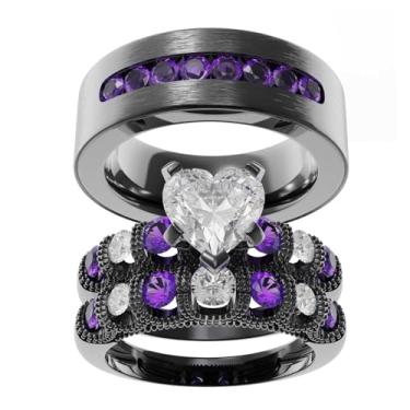 Imagem de LOVERSRING Conjunto de alianças de casamento de aço inoxidável CZ branco banhado a ouro branco para ele e para ela, women's size 9 & men's size 11, Papel, Ágata