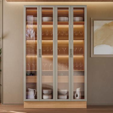 Imagem de Cristaleira 4 Portas de Vidro e LED Em MDF Allure Linea Brasil - Jequitiba/Gris Fosco