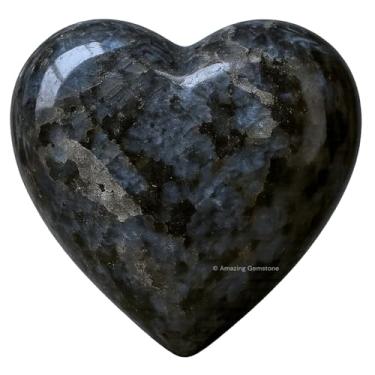 Imagem de Pedra de palmeira de coração de cristal – pedra de preocupação para massagem de bolso para equilíbrio natural de chacras corporais, cura de Reiki e grade de cristal (Larvikite)