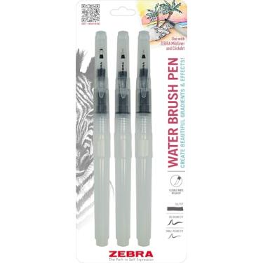 Imagem de Zebra Pen Conjunto de 3 canetas pincel de água, conjunto de 3 canetas aquarela, 3 pontas de pincel de nylon flexíveis, tamanhos: grande, pequena e plana, caneta pincel de água recarregável (79323)