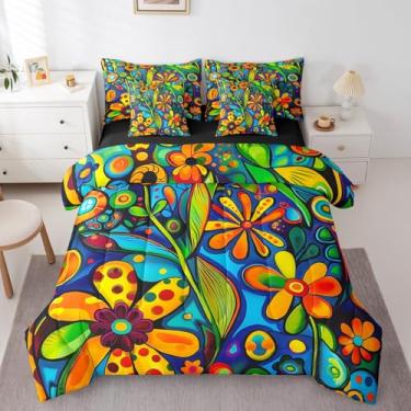 Imagem de Erosebridal Conjunto de edredom com flores boêmias, Queen, floral, 7 peças, pintura a óleo, étnico, exótico, laranja, amarelo, para todas as estações