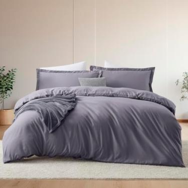 Imagem de Hearth & Harbor Conjunto de capa de edredom e lençol de cama queen size, roxo acinzentado, 7 peças, macio escovado, inclui capa de edredom, lençol de cima, lençol com elástico, fronhas e fronhas