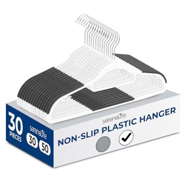 Imagem de SereneLife Cabides de plástico, pacote com 30 cabides com almofada de borracha antiderrapante e gancho giratório de 360°, cabides brancos duráveis para camisas, casacos, calças, vestidos, organizador