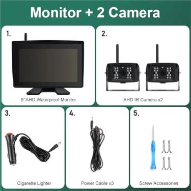 Imagem de Compatível com gravador DVR AHD de 9'' à prova d'água, monitor traseiro/frontal/lateral, câmera 1080p compatível com caminhão, empilhadeira, escavadeira, veículo agrícola(2 Camera,128GB Card)