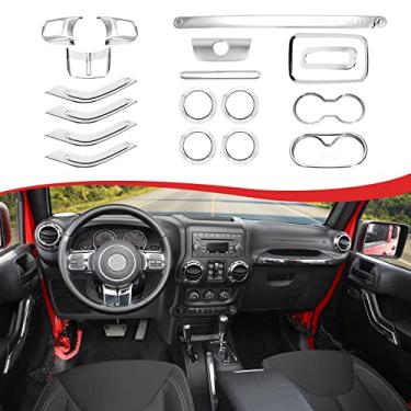 Imagem de CheroCar Kit de acabamento interno de 18 peças para Jeep Wrangler JK JKU 2011-2018 4 portas, capa de volante, capa de suporte de copo com acabamento de ventilação de ar condicionado, moldura de botões