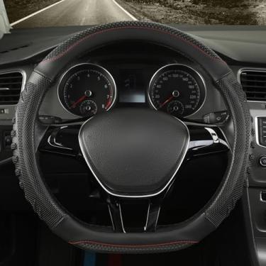 Imagem de WJMZ Capa de volante em forma de D ótima aderência com orifício de favo de mel 3D, design esportivo antiderrapante, pequeno 34,3-35,6 cm (todo preto)