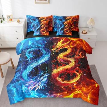 Imagem de Feelyou Jogo de cama de dragão de fogo de gelo, tamanho casal, 7 peças, conjunto de edredom de dragão vermelho e azul com lençol com edredom, lençóis, fronhas e capa de almofada