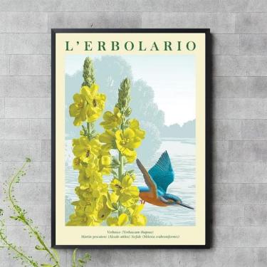 Imagem de Quadro Beija-Flor Azul Flores Amarelas 24X18Cm - Com Vidro