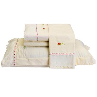 Imagem de Jogo De Lençol Yasmin Queen 4 Peças Percal 200 Fios 100% Algodão Bordado Floral - Palha