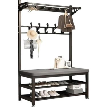 Imagem de Cabideiro Hall Árvore Com Banco De Sapatos Para Entrada, Cabide De Metal Com Ganchos Prateleira De Chapéu Para Roupas Estrutura De Metal Para Quarto Sala De Estar Corredor, Black, 24in