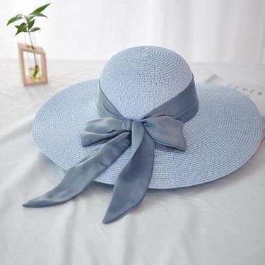 Imagem de Chapéu De Sol Chapéu De Palha Moda Feminina Chapéus De Sol Chapéu De Palha Fita Feminina Nó De Laço De Aba Larga Chapéu De Praia Casual Shade Cap, light blue, 6 7/8-7 1/8