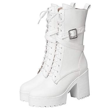 Imagem de Parisuit Botas femininas de salto alto grosso com cadarço, cano médio, fivela gótica, plataforma, botas de combate punk com zíper, Branco, 35