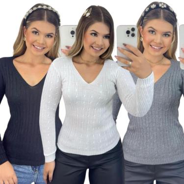 Imagem de Kit 3 Blusas Industrie Femininas Suéter Malha Tricô Manga Longa-Feminino