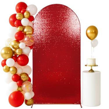 Imagem de Eternal Beauty Capa de fundo de arco de 2,5 m com lantejoulas e arco vermelho para festa de casamento, aniversário, flor, balão, suporte