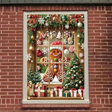 Imagem de Saoplasa Capa de janela de Natal, homem de gengibre, decoração de janela de férias, guirlanda de doces de hortelã-pimenta, enfeites de árvore, inverno, Natal, painel de cortina para pendurar na parede