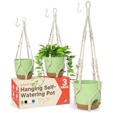 Imagem de Vasos de água auto-irrigáveis com corda de macramê marfim, pacote com 3 vasos de plantas suspensos internos e externos com reservatório embutido, corda de pavio, orifícios de drenagem e ganchos, vaso