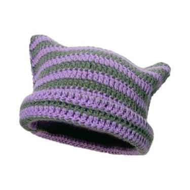 Imagem de Gorro Feminino De Inverno Listrado Com Orelhas De Gato, Estilo Coreano