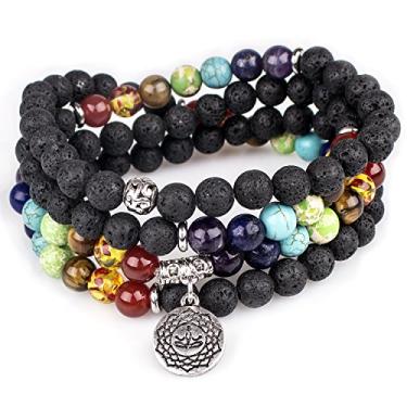 Imagem de PWMENLK Colar Com 108 Contas Mala, Pulseira Budista 7 Chakras E Pingente De Árvore Da Vida, Pedra Cura, Para Ioga (Pedra Vulcânica Lava)